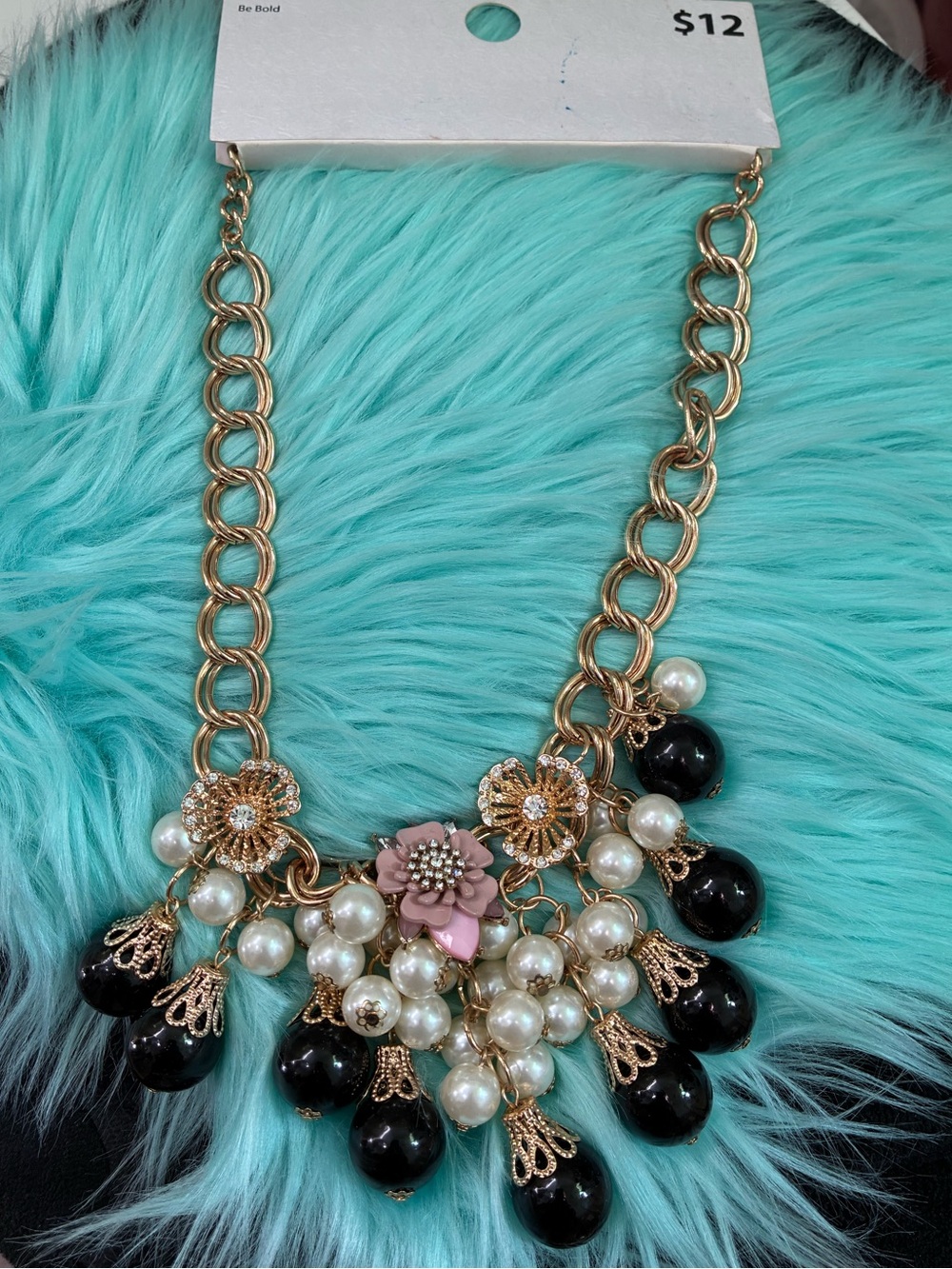 Gold-Tone Statement Necklace with Black Drops and Pink Flower